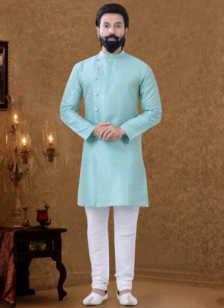Sea Blue Colour New Printed Ethnic Wear Cotton Mens Kurta Pajama Collection KS 1541